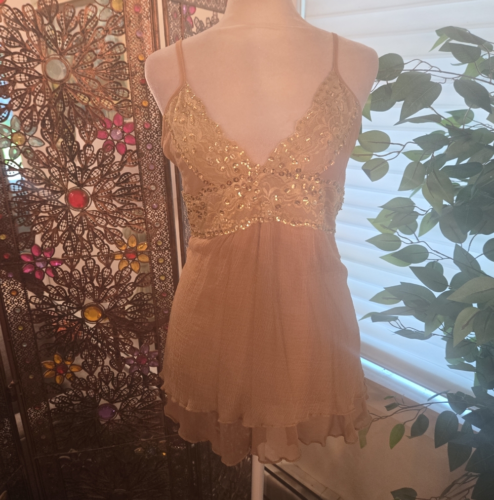 Vintage Y2K Embroidered Sequins Guazy Sheer Fairy Whimsical Cami Top Tan Large